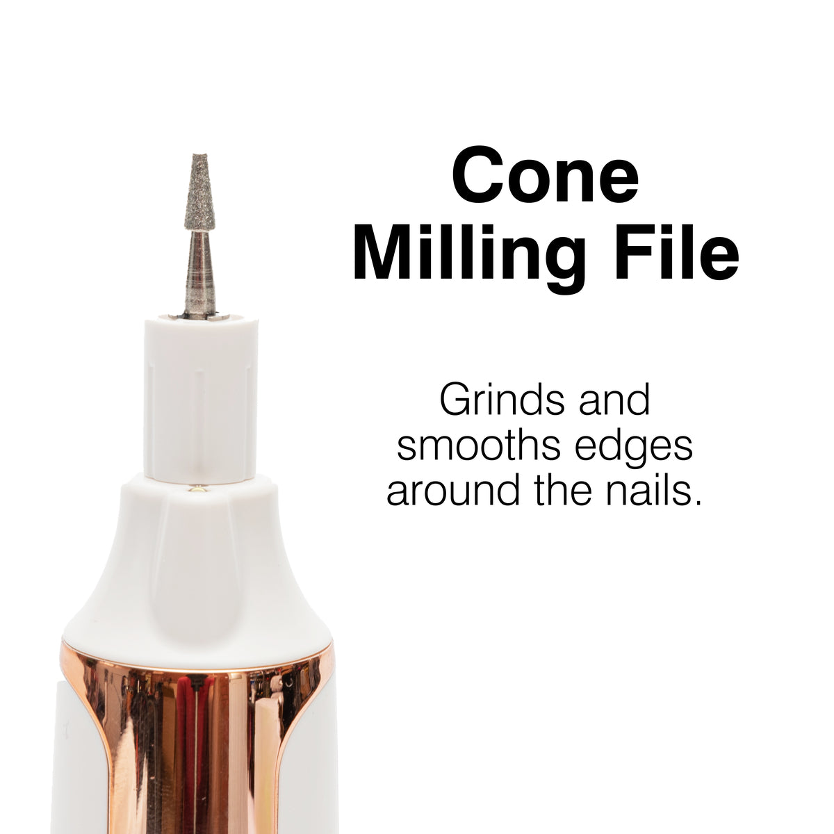 The Rio Precision Pro Electric Nail File features a cone-shaped milling file, perfect for grinding and smoothing nail edges for precise nail care.