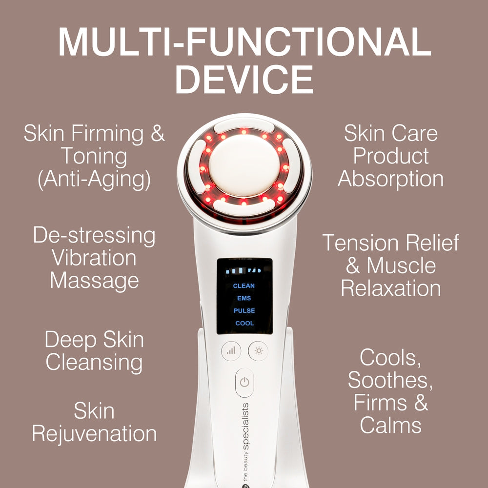 The Rio Face Lift & Tone Beauty Spa is a white anti-aging device with red lights that firms skin, deeply cleanses, offers vibration massage for relaxation, boosts skin rejuvenation and product absorption, relaxes muscles, and provides cooling effects.
