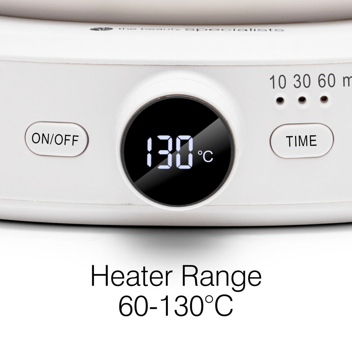 A close-up shows the Go Smooth Hair Removal Wax Heater by Rio with its control panel set to 130°C. ON/OFF and TIME buttons are nearby. Text below: Adjustable from 60-130°C—ideal for professional waxing or melting wax melts.