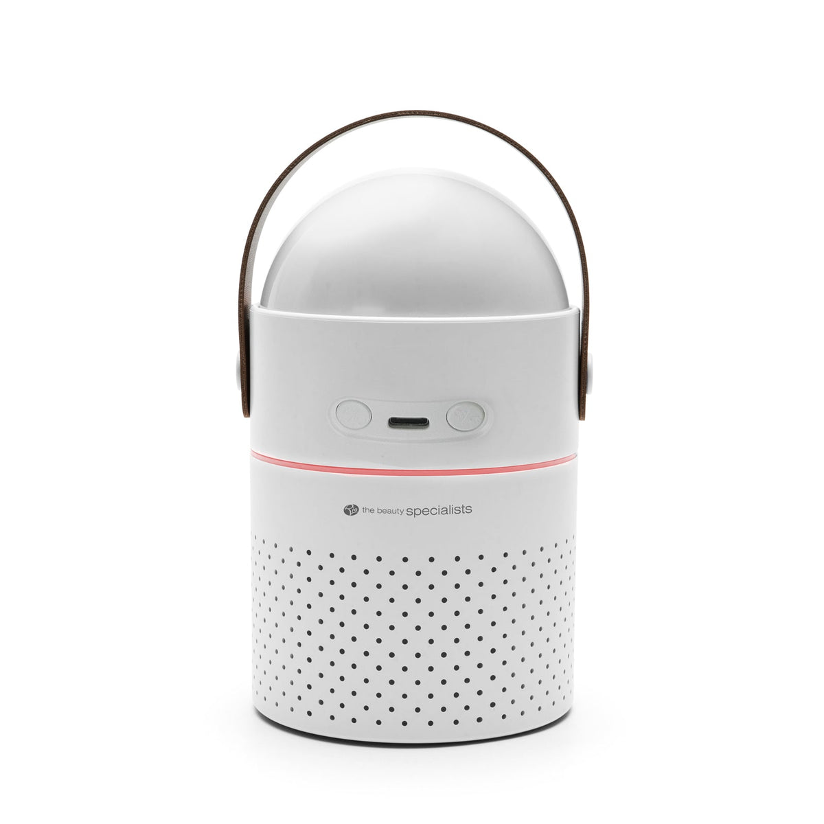 The Rio Galaxy Projector Childrens Essential Oil Diffuser is a modern, cylindrical white humidifier with a leather handle, perforated lower section, two front buttons, a small display, and a gentle night light.