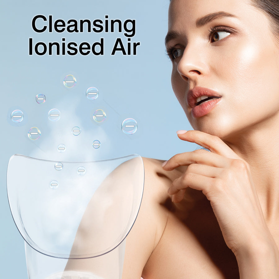 A woman with glowing skin looks to the side as transparent bubbles rise toward her face. The text reads “Rio Facial Sauna Skincare Spa with Steam Inhaler” on a blue background, evoking the refreshing feel of a home spa facial.