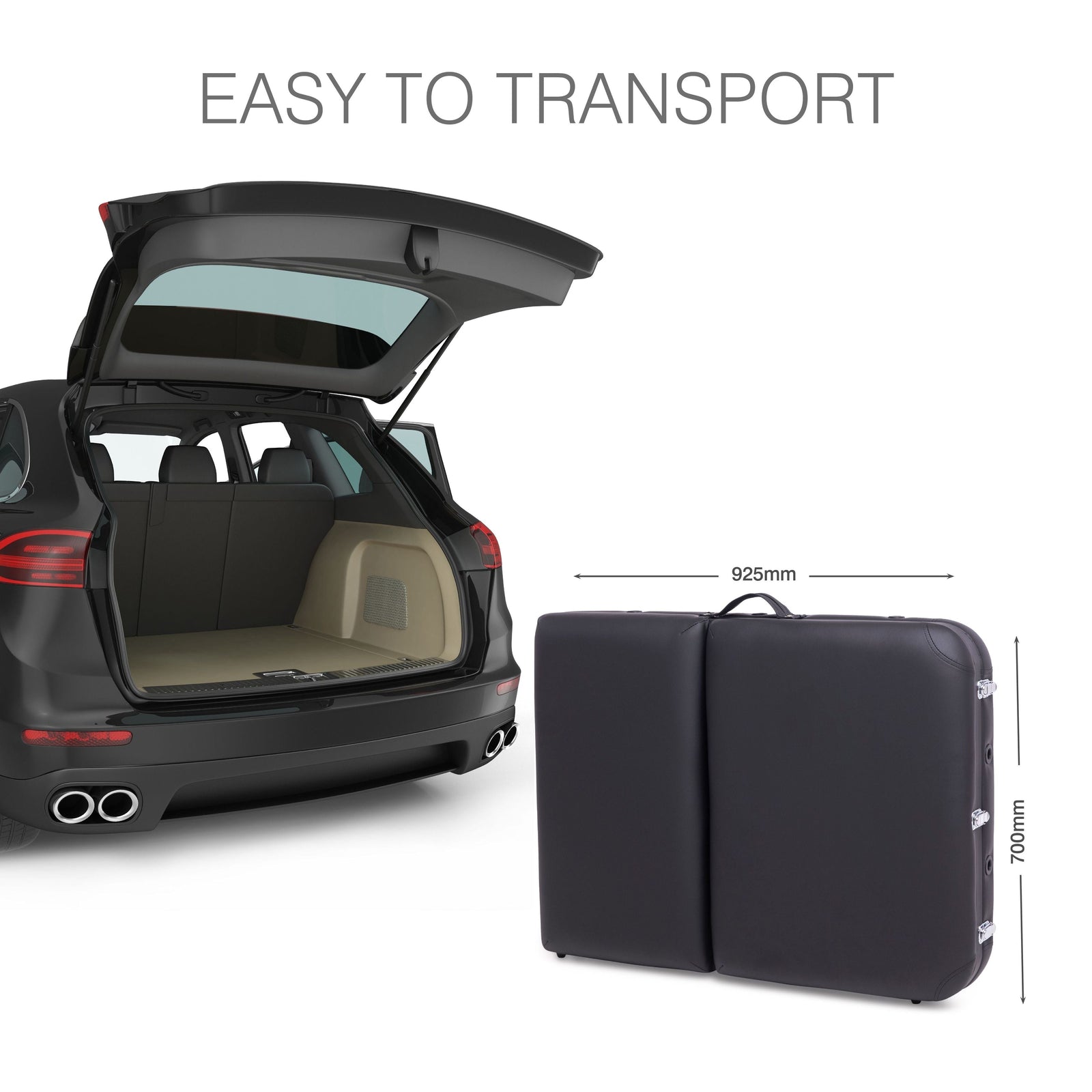 An open SUV trunk with a large, folded black Rio Professional Aluminium Massage Table & Treatment Couch (925mm x 700mm) beside it. Text above reads EASY TO TRANSPORT, highlighting convenient at-home massage portability.