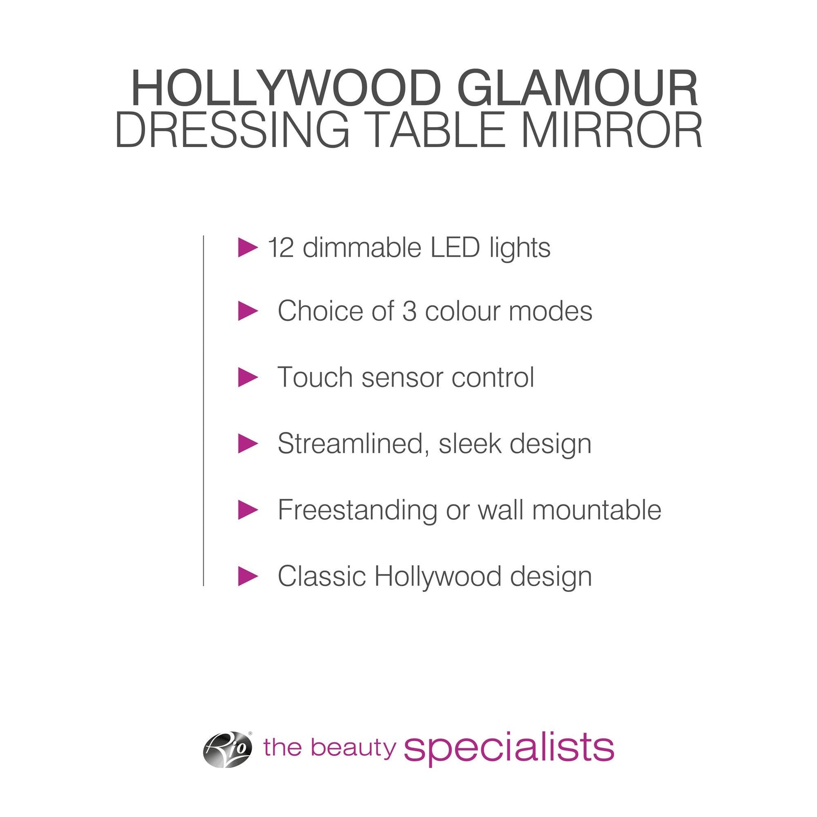 Elevate your vanity with the Rio Hollywood Glamour Dressing Table Mirror—featuring 12 dimmable LEDs, 3 colour modes, touch sensor, sleek design, and versatile freestanding or wall-mount options in classic Hollywood style.