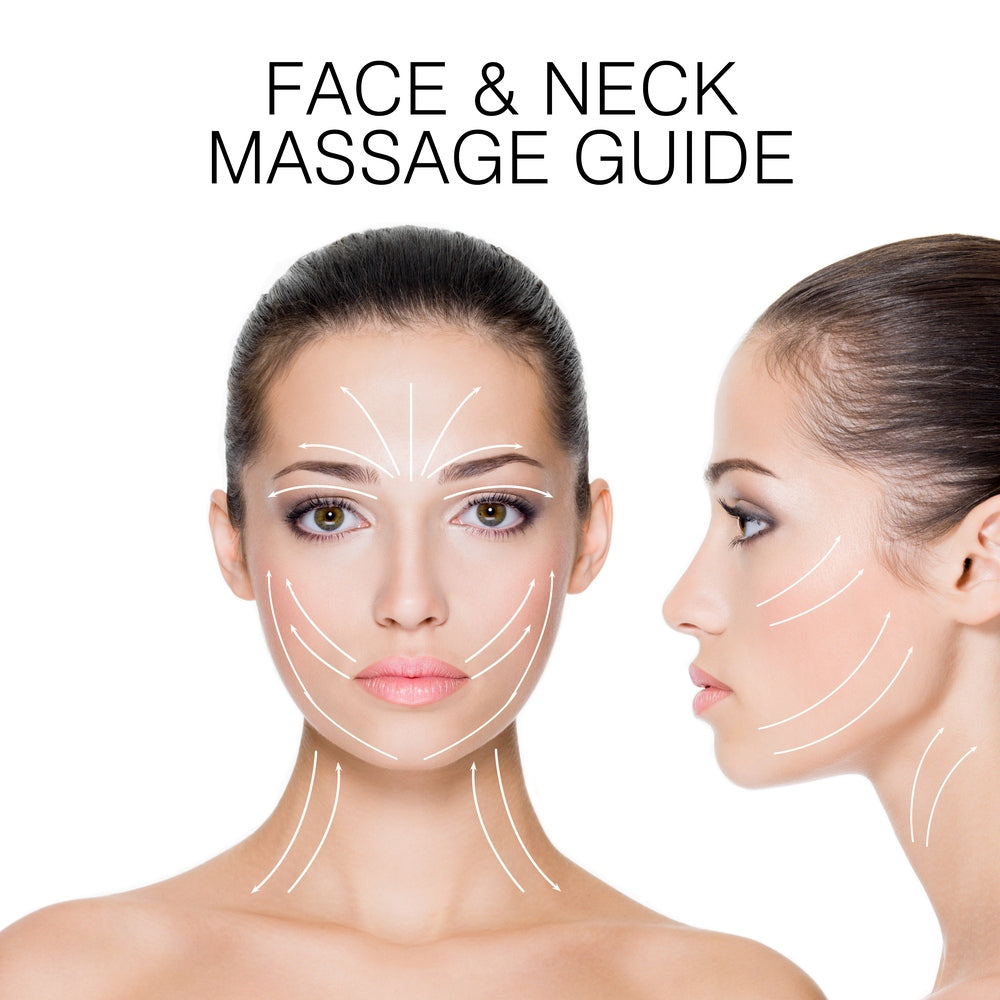 Two women with clear skin use the Rio Face & Body Massage Roller; one faces forward, the other in profile. White guide lines show firming techniques, with "Face & Neck Massage Guide" text above.