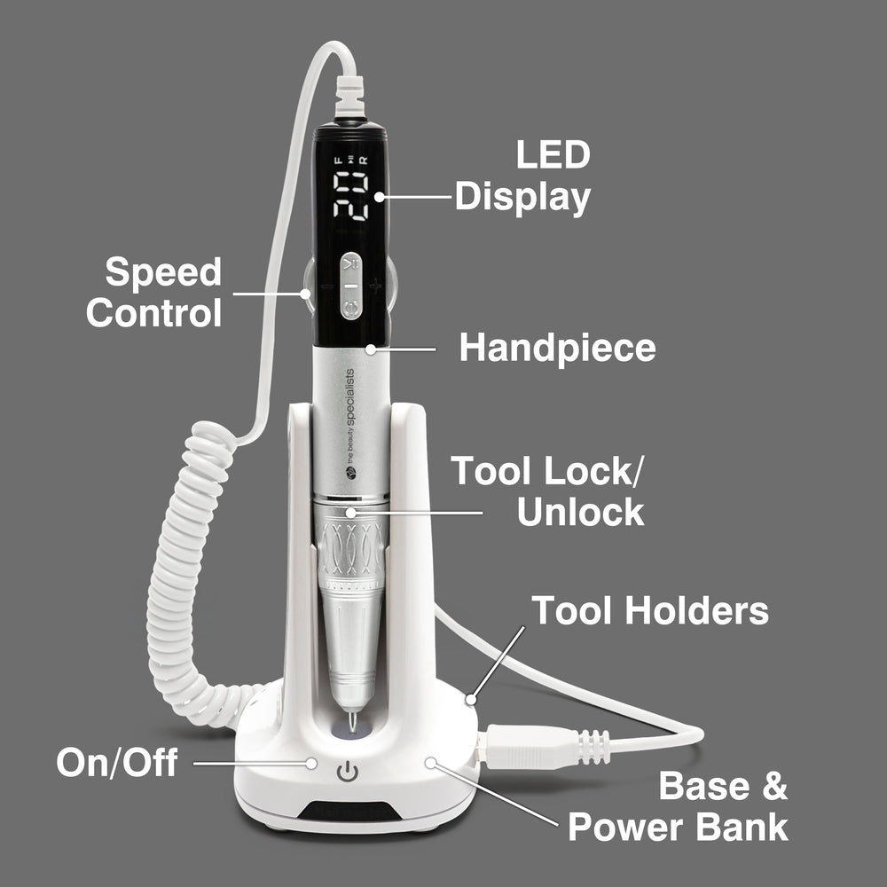 Rio Salon Pro Electric Nail File & Drill shown against a gray background, featuring LED display, speed control, handpiece, tool lock/unlock, tool holders, on/off button, and base & power bank—ideal for salon-quality and DIY use.