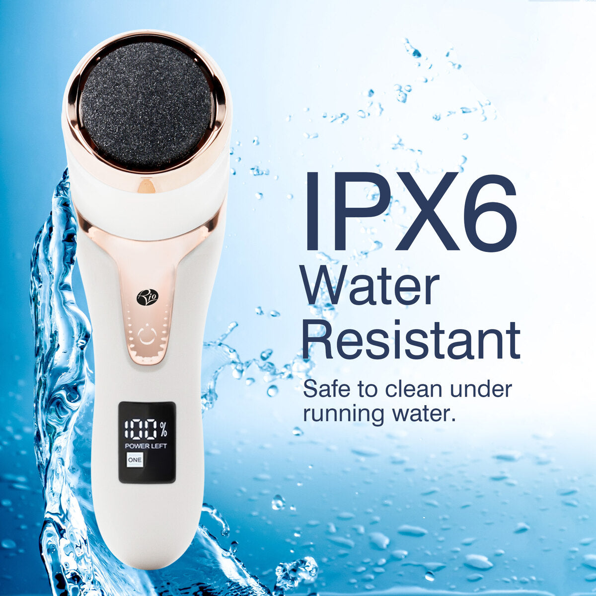 The Rio Go Smooth Electric Foot File Hard Skin Remover with Vacuum Action is shown with water splashing behind it. Large text reads: IPX6 Water Resistant. Clean under running water for smooth feet and easy dry skin removal.