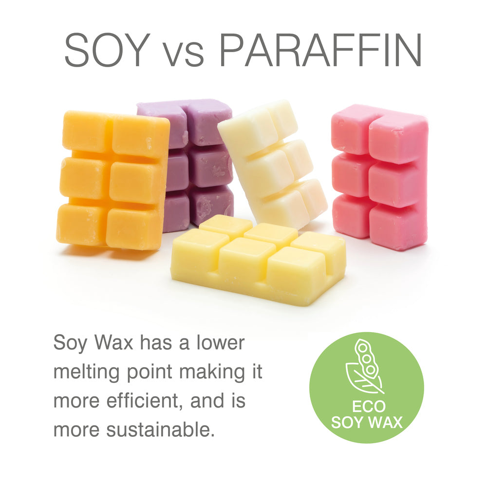 Five colorful Rio Scented Soy Wax Melt - Vanilla Fragrance are arranged on a white background, featuring an ECO SOY WAX icon with a green leaf and text highlighting eco-friendly benefits over paraffin—ideal for wax burners.