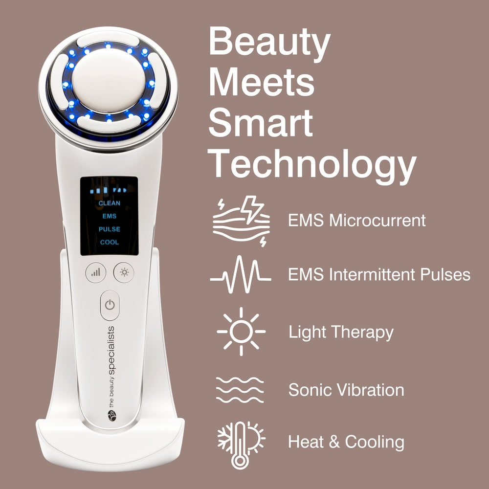 The Rio Face Lift & Tone Beauty Spa, a white handheld anti-aging device with blue LED lights and a display screen, features EMS Microcurrent, EMS Intermittent Pulses, Light Therapy, Sonic Vibration, and Heat & Cooling for firmer-looking skin.