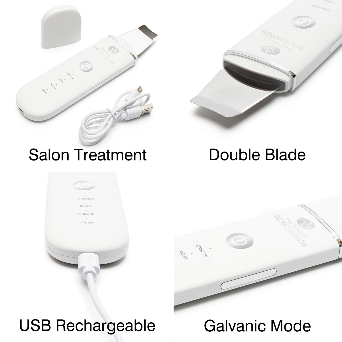 The Rio Ultrasonic Skin Cleanser, a white device with double blade, labeled buttons, and USB charging cable, is shown from various angles, highlighting its salon treatment use, exfoliating cleanse, USB rechargeable feature, and galvanic mode.