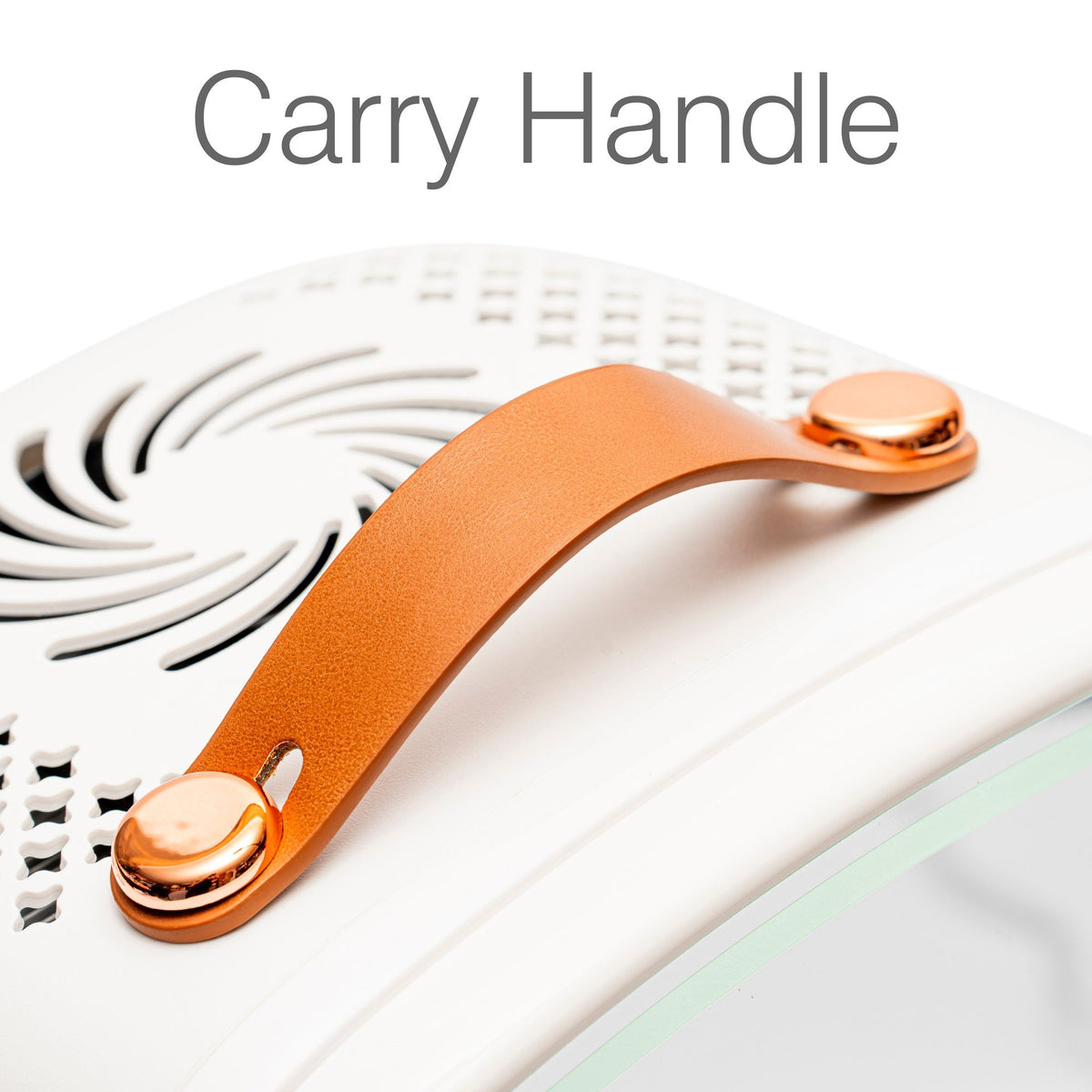 Close-up of the orange carry handle on the Rio Beauty Skincare Fridge With Mirror, attached to a ventilated white surface. "Carry Handle" is printed above in gray, perfect for chilled storage of cosmetics or creams.