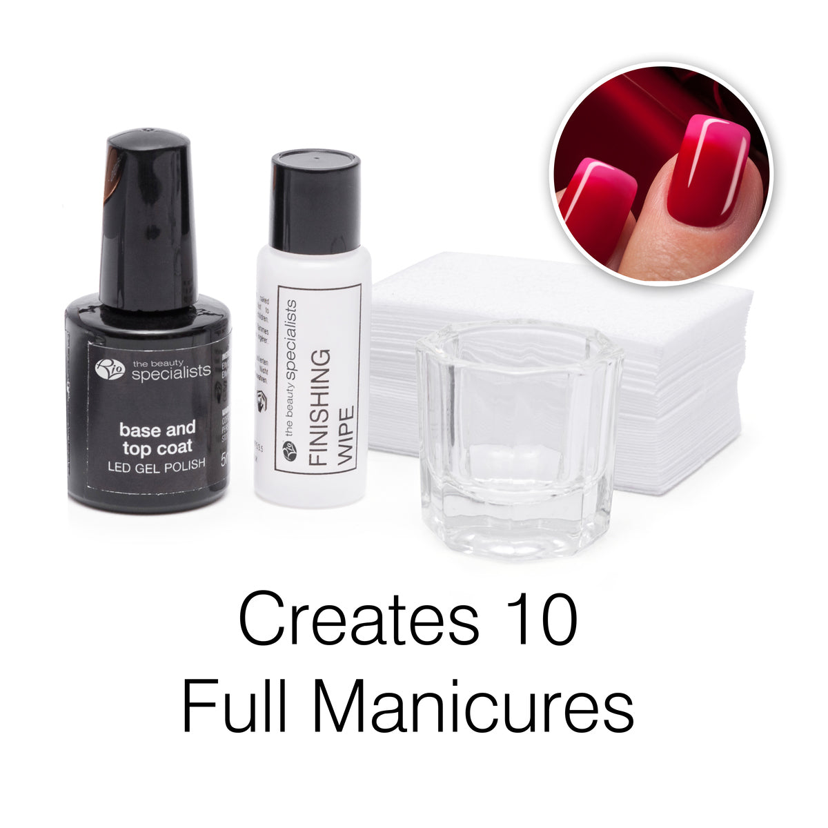 The Rio 14 Day Gel Polish Nails kit includes base and top coat bottles, finishing wipe, small glass container, white wipes, and shows glossy red nails. Achieve 10 professional manicures with long-lasting shine.