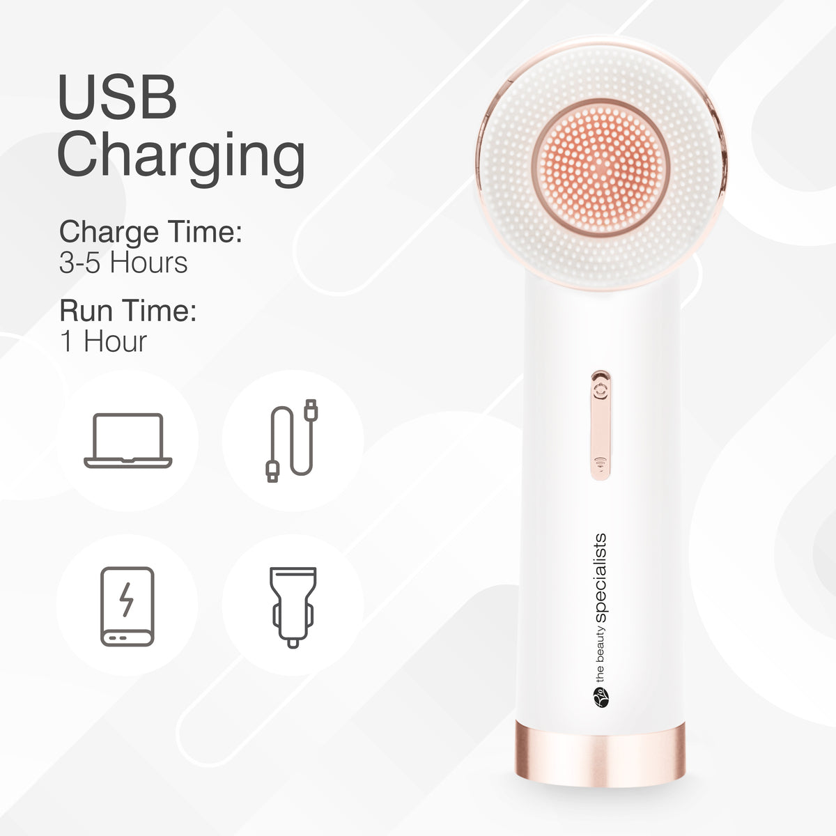 The PURE CLEANSE Deep Cleansing & Exfoliating Facial Brush by Rio the Beauty Specialists is a white handheld device with rose gold accents. USB charging (3-5 hrs); runs 1 hour. Icons show laptop, USB cable, phone & adapter—ideal for skincare routines.