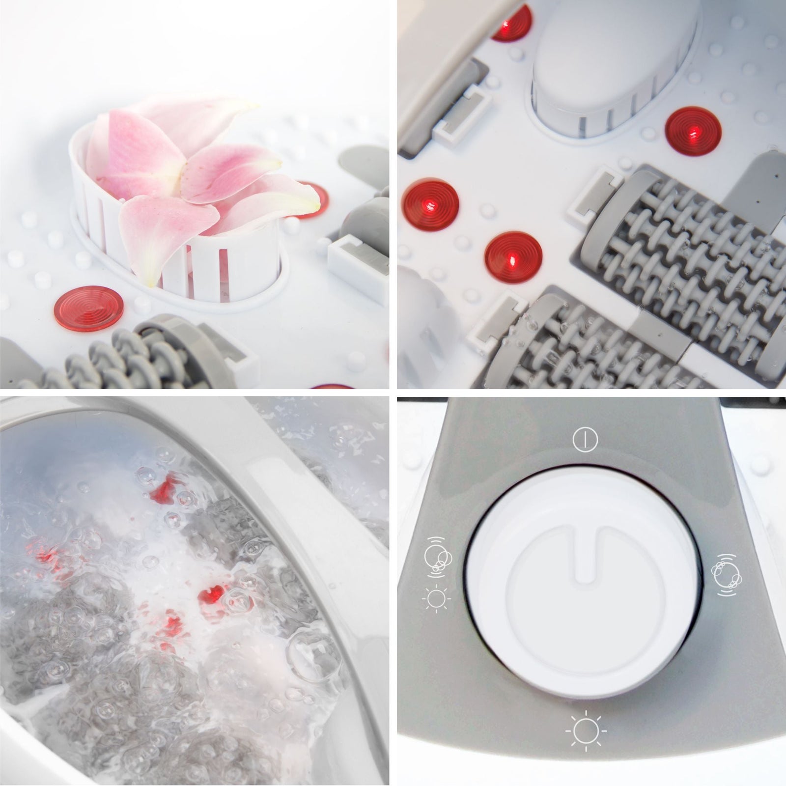 A collage shows the Rio Deluxe Foot Spa Bath and Massager: pink petals inside, a close-up of red indicator lights and massaging rollers, bubbling water in the basin, and a control dial with settings.