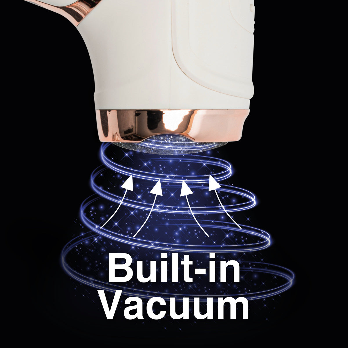 The Rio Go Smooth Electric Foot File Hard Skin Remover with Vacuum Action emits swirling blue lines and sparkles, with upward white arrows showing suction for smooth feet. Built-in Vacuum text appears below on a black background.