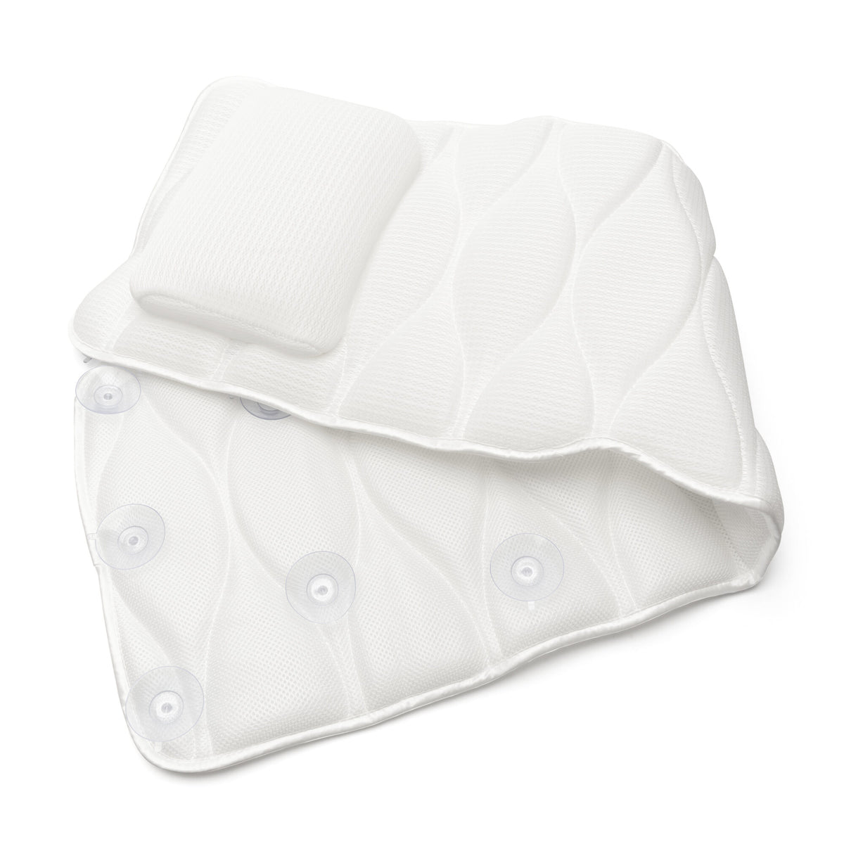 The Rio Luxury Bath Mat & Pillow set features a white, wave-textured pillow and matching back cushion with suction cups for secure comfort, shown on a plain white background.