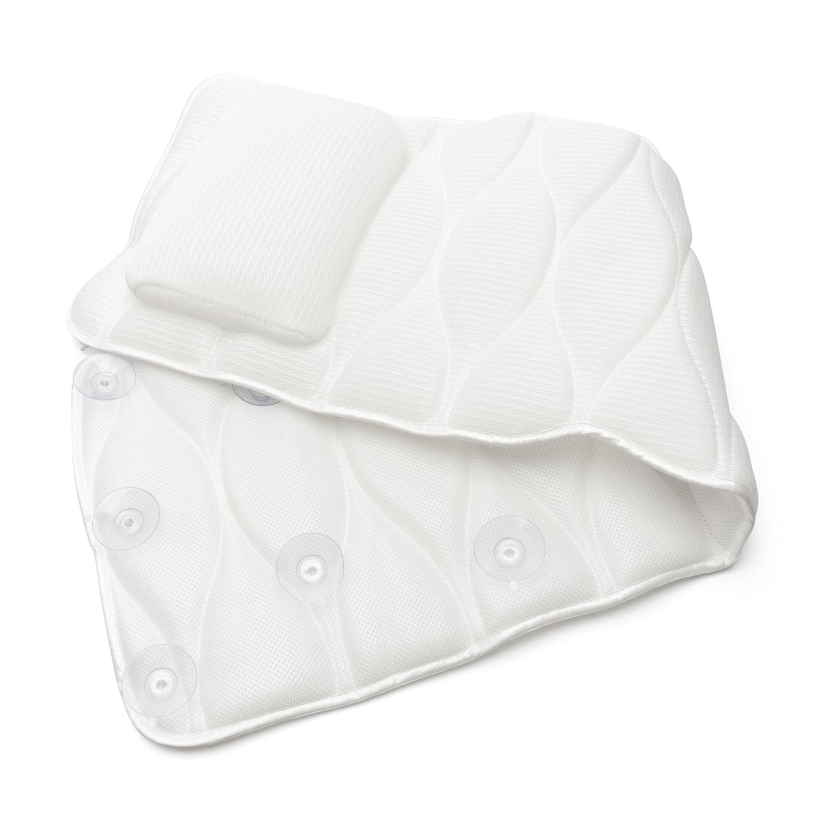 The Rio Luxury Bath Mat & Pillow set features a white, wave-textured pillow and matching back cushion with suction cups for secure comfort, shown on a plain white background.