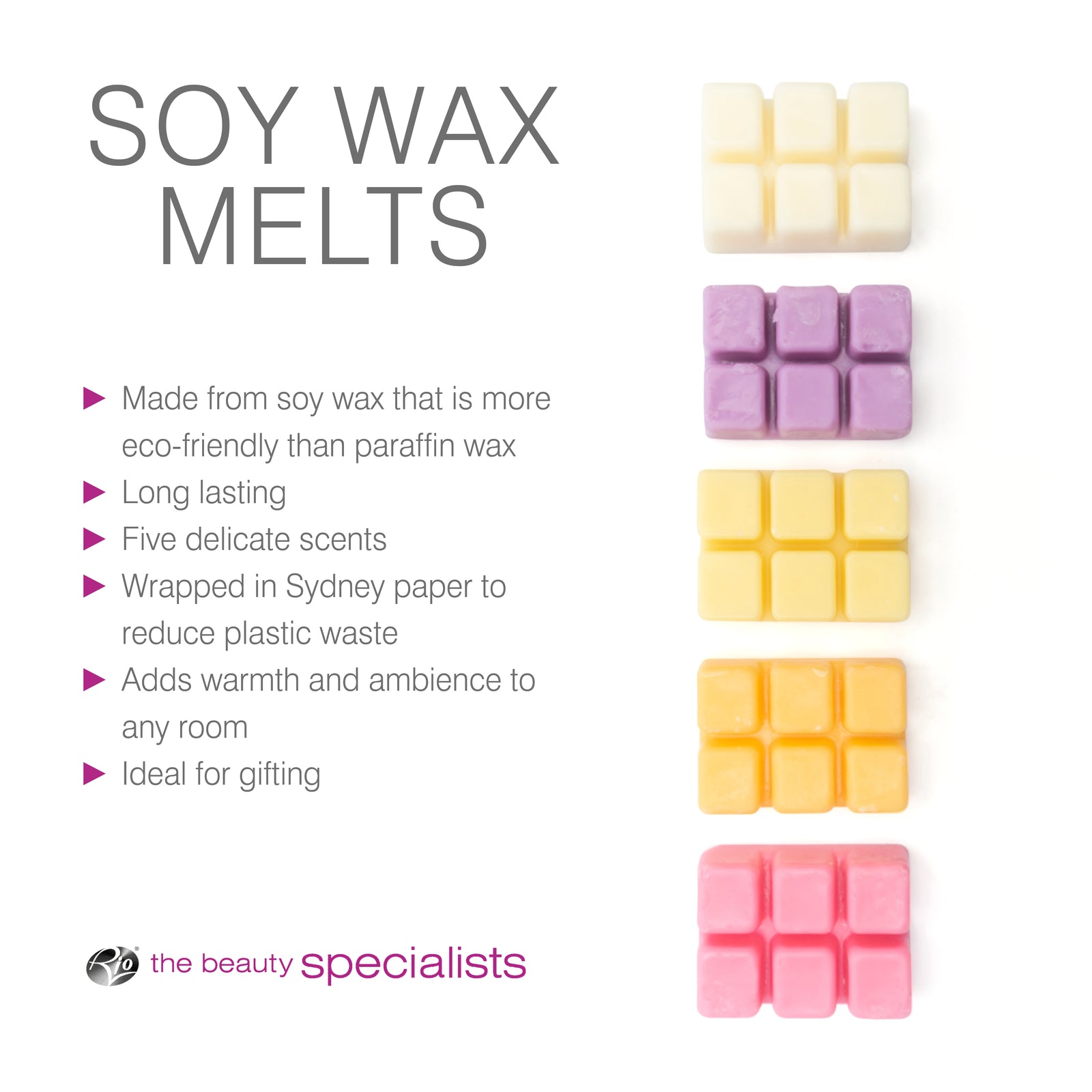 Rio’s Scented Soy Wax Melts - Pack of 5 Fragrances features rectangular blocks in white, purple, yellow, orange, and pink. Eco-friendly and perfect for wax burners. The Beauty Specialists logo appears at the bottom.