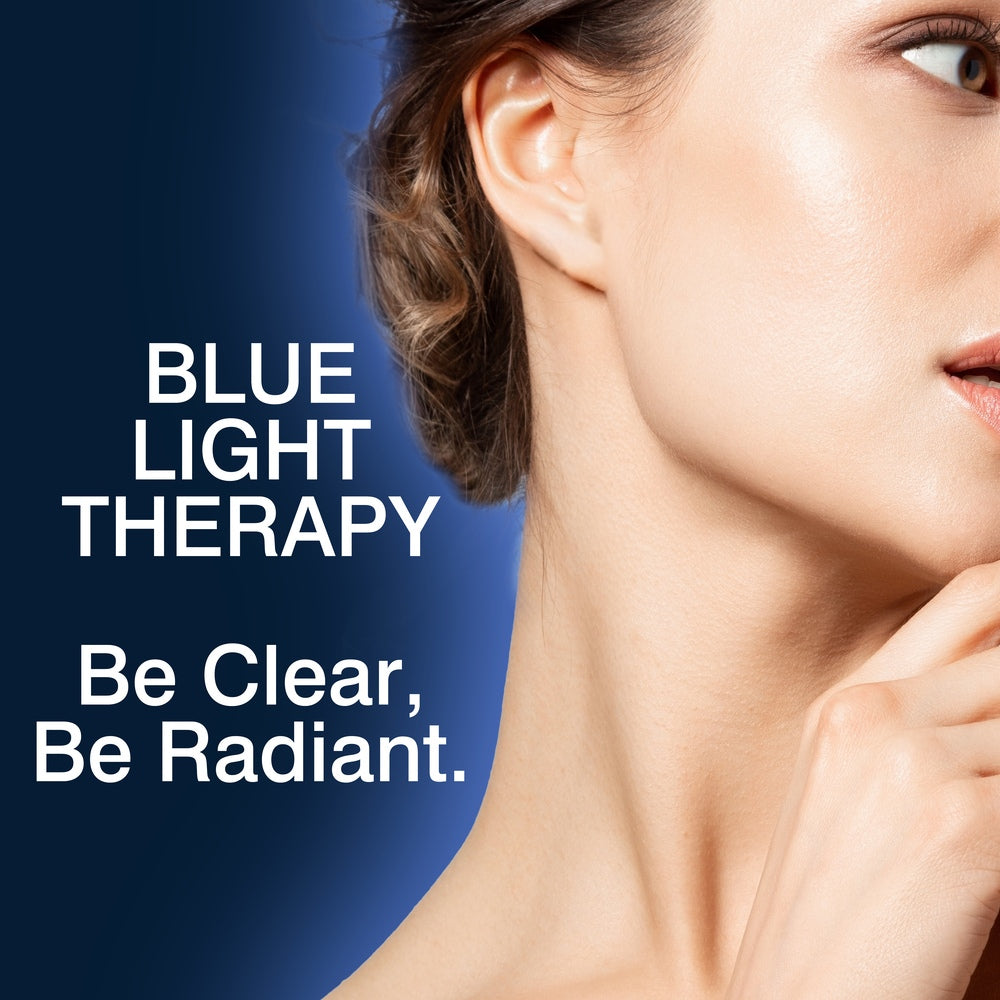 A close-up of a woman's lower face and neck against a blue background with the text "BLUE LIGHT THERAPY Be Clear, Be Radiant" promotes clear, radiant skin using the Rio LED Face Mask by Rio.