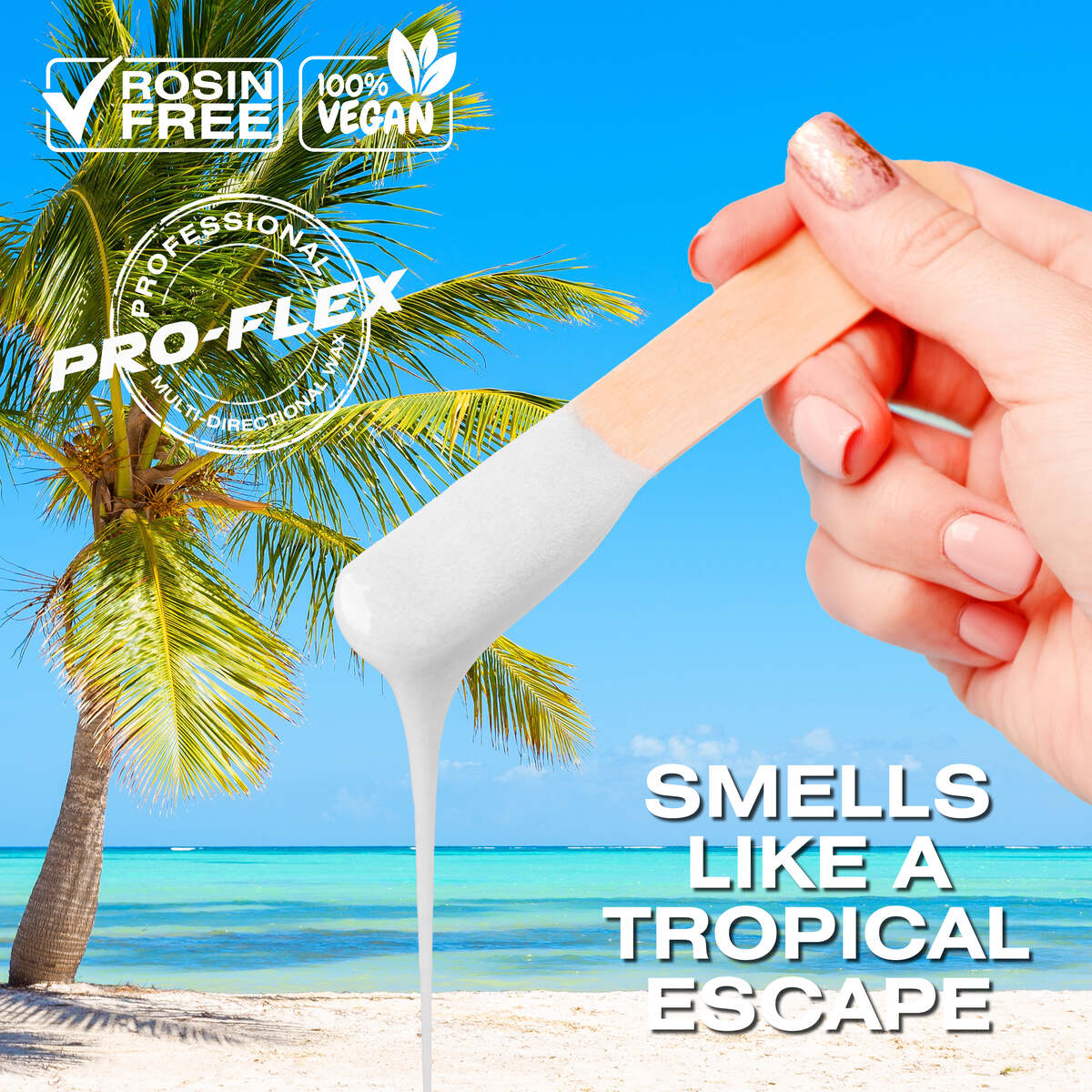 A hand holds Rio Coconut Go Smooth Stripless Hard Wax Beads (100g) on a tropical beach, with wax dripping from a spatula. Text: Enjoy vegan, rosin-free stripless wax—smells like a tropical escape and leaves your skin smooth.