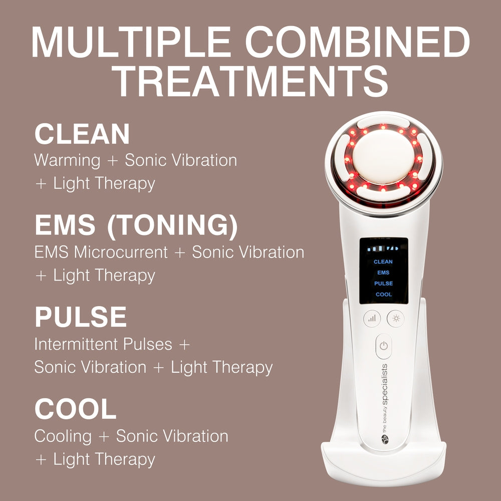 The Rio Face Lift & Tone Beauty Spa features a circular LED light head and digital display with CLEAN, EMS (TONING), PULSE, and COOL modes—each blending vibration and light therapy for firmer-looking skin and an anti-aging beauty boost.