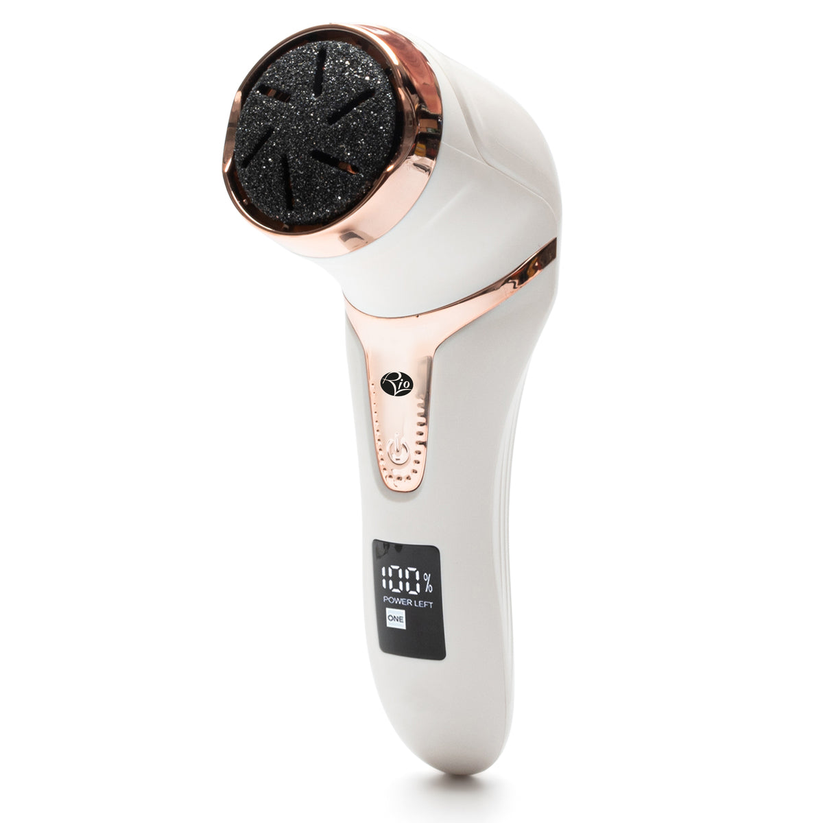 The Rio Go Smooth Electric Foot File Hard Skin Remover with Vacuum Action features a white and rose gold design, rough circular grinding head, and digital display—perfect for removing calluses and dry skin for beautifully smooth feet.