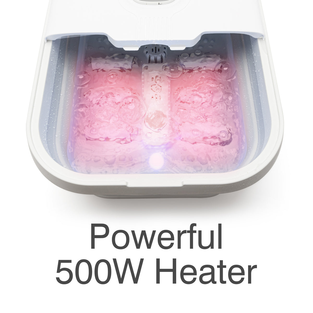 The Rio Deluxe Foldaway Foot Spa Bath features powerful 500W heating with pink and white illuminated, bubbling, and steaming water for a luxurious foot spa experience.
