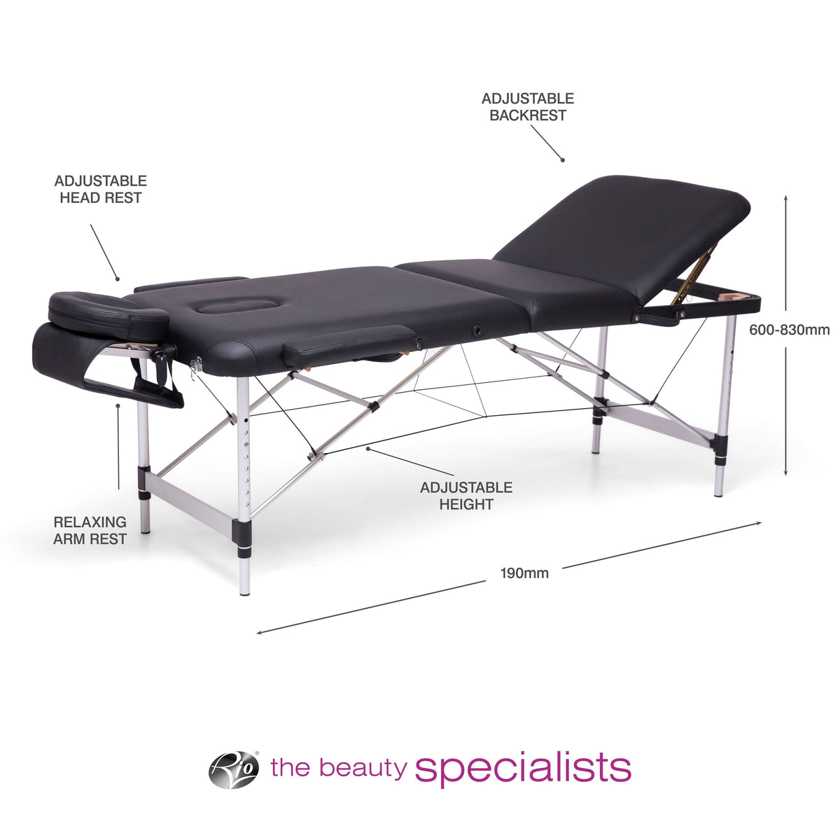 The Rio Professional Aluminium Massage Table & Treatment Couch is a black, portable couch with adjustable headrest, backrest, armrest, and height (1900mm L x 600–830mm H). Features The Beauty Specialists logo at the bottom.