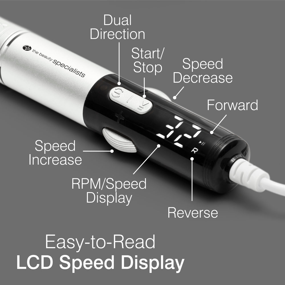 A close-up of the Rio Salon Pro Electric Nail File & Drill shows labeled buttons and an easy-to-read LCD speed display—ideal for salon-quality results and convenient DIY nail care.