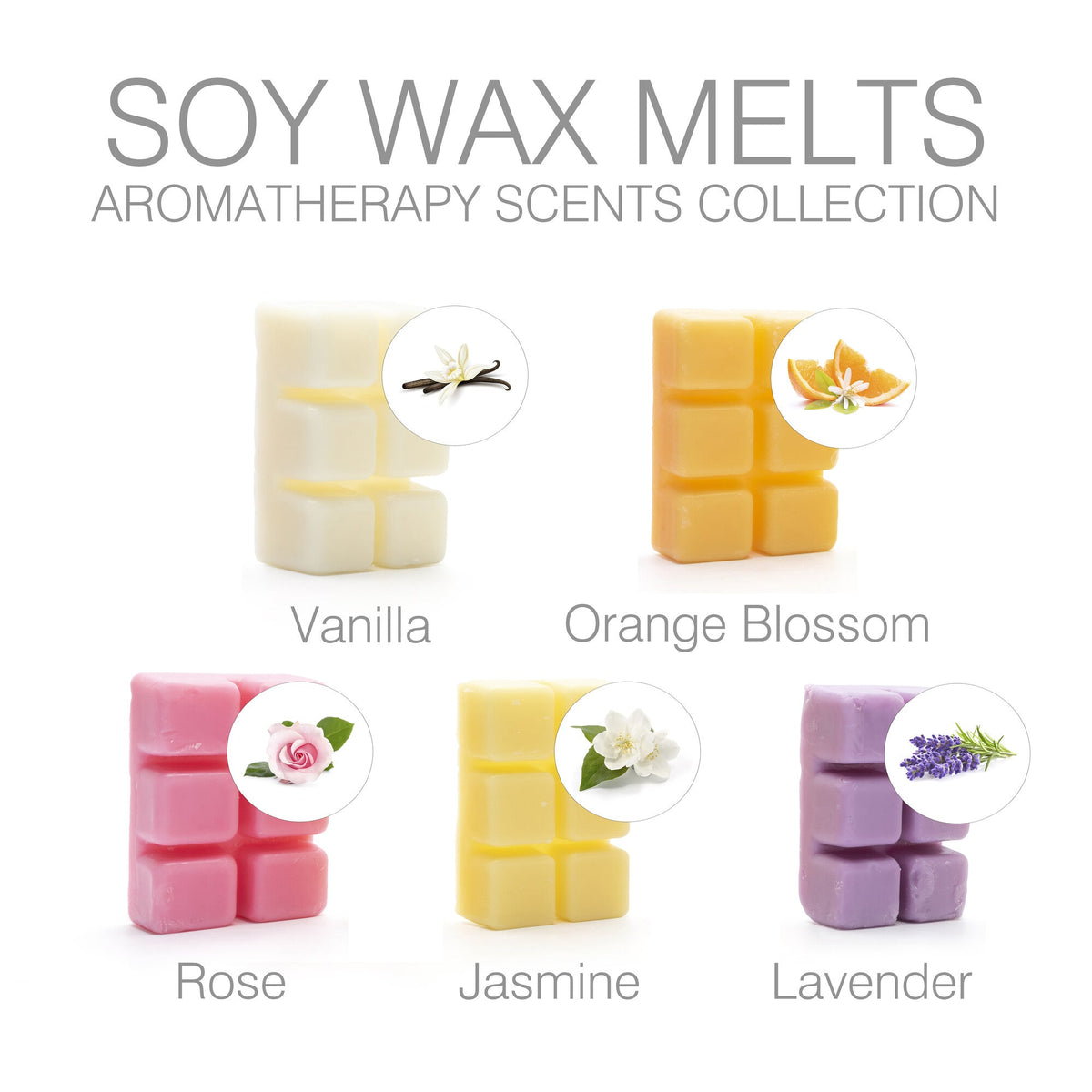 The Rio Scented Soy Wax Melts - Pack of 5 Fragrances features rectangular blocks in Vanilla, Orange Blossom, Rose, Jasmine, and Lavender, each with a matching scent label and flower image—ideal for your favorite wax burners.