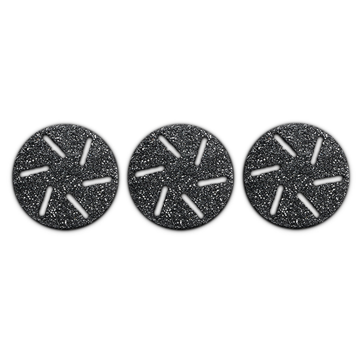 Three round, black textured Rio Go Smooth Replacement Heads—pack of 3—each with six angled slots, are displayed side by side on a white background.
