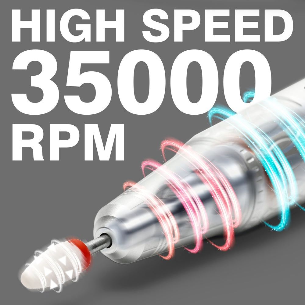 The Rio Salon Pro Electric Nail File & Drill features a metallic, pen-shaped design with glowing swirls, ideal for salon-quality care, and displays HIGH SPEED 35000 RPM in bold white letters on a gray background.