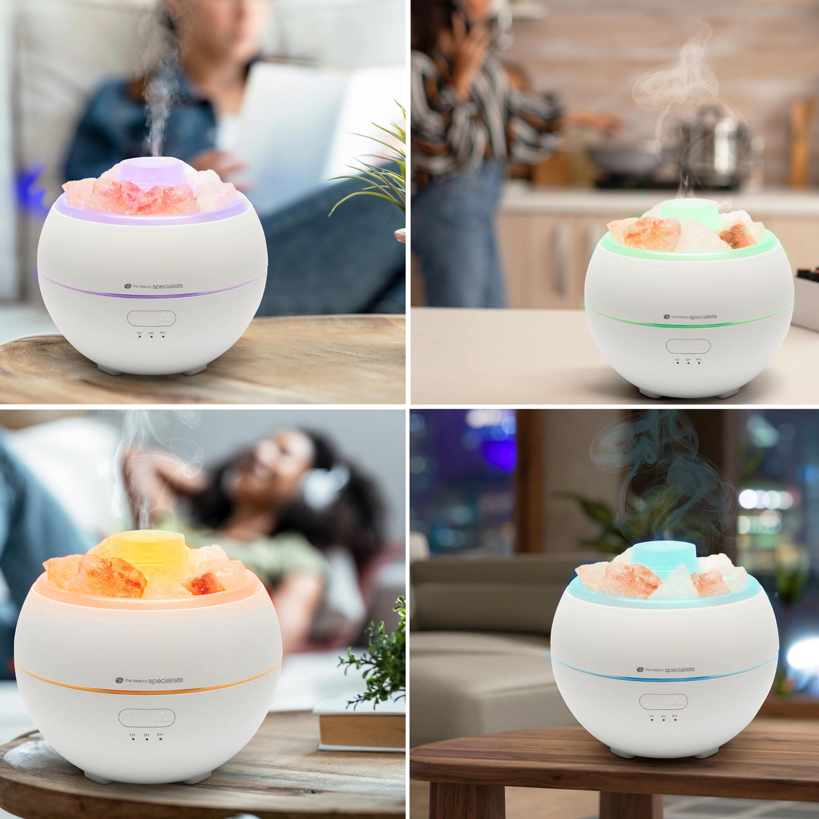 A collage of four images features the Rio Aroma Diffuser, Humidifier & Night-Light with Himalayan Rock Salt, showing it emitting colorful LED lights and steam in various indoor settings, including near a relaxed person and on a wooden table.