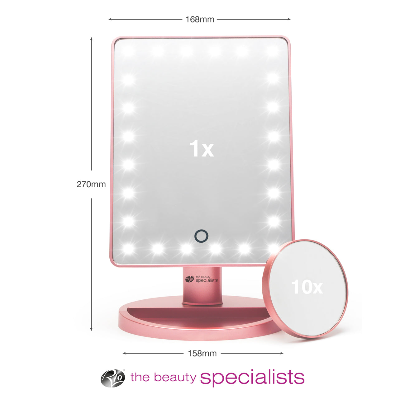 The Rio Rose Gold 24 LED Makeup Mirror features a mini removable 10X Magnifying Mirror, measures 270mm x 168mm, and displays “The Beauty Specialists” logo and text at the bottom.