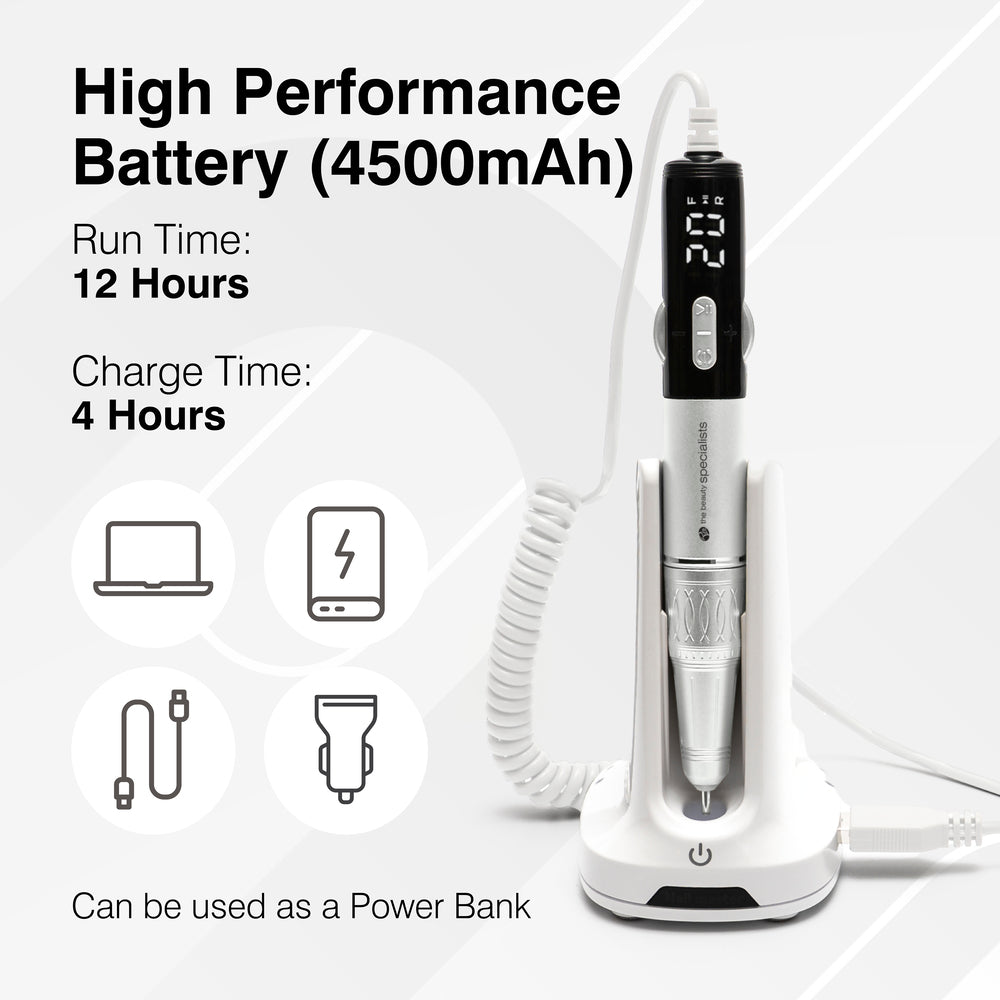 The Rio Salon Pro Electric Nail File & Drill rests on its charging dock, showcasing a high-performance 4500mAh battery, 12-hour run time, 4-hour charge, power bank feature, and multiple charging options for salon-quality results.