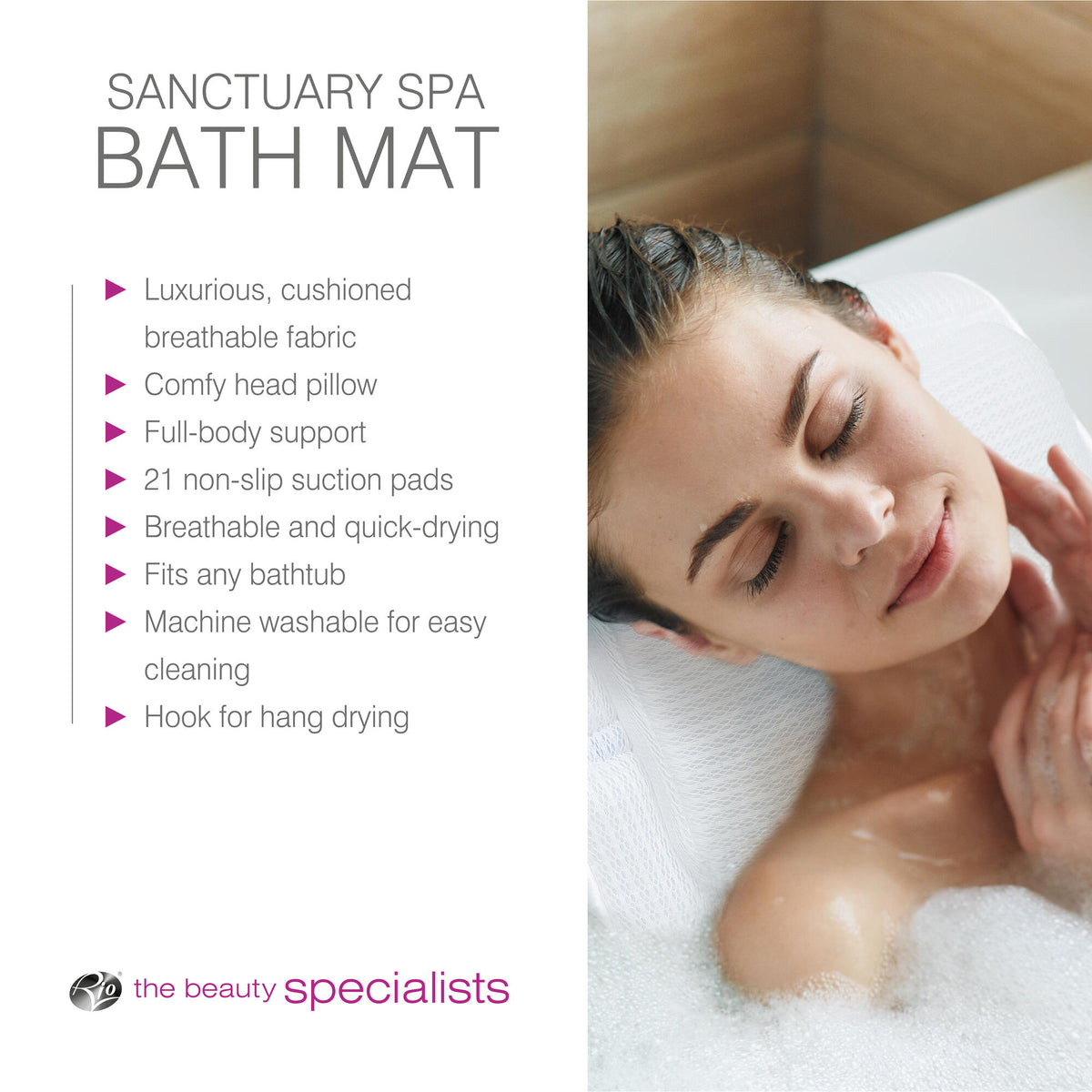 A woman relaxes in the tub with her head on a plush pillow. Text highlights Rio Luxury Bath Mat & Pillow’s cushioning, full-body support, and easy machine washability. The Beauty Specialists logo appears below.