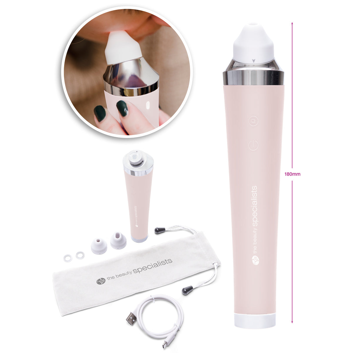 The Rio Pore Perfection, a pink electric pore vacuum for personalized skincare, includes attachments, charging cable, and storage pouch. A circular inset shows it cleansing nose pores. Device height: 180mm—your tool for beautiful skin.