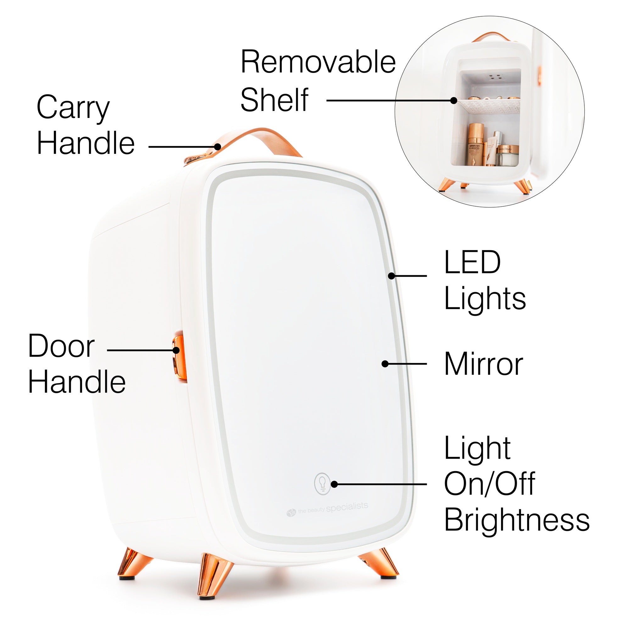 The Rio Beauty Skincare Fridge With Mirror is a compact white fridge with rose gold accents, LED-lit mirror, removable shelf, and carry handle—perfect for cosmetics and creams. Includes on/off & brightness button for chill beauty storage anywhere.