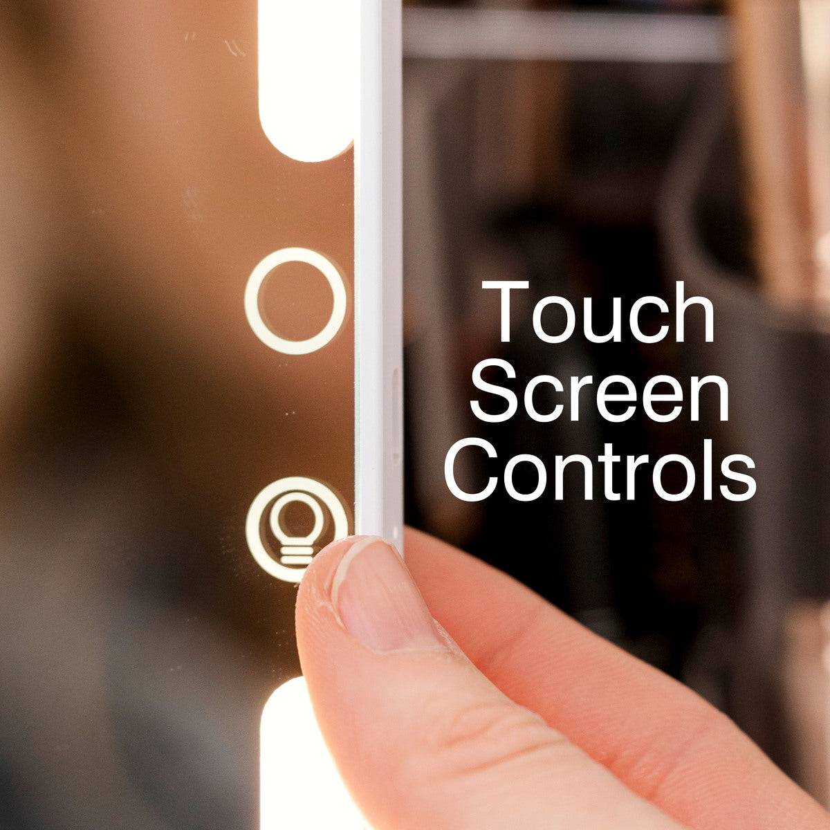 A hand touches the circular touch screen control with a light bulb icon on the Rio Home & Away Dressing Table Make Up Mirror. “Touch Screen Controls” highlights its angle-adjustable feature for the perfect view on a reflective surface.