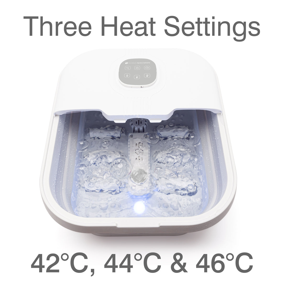 The Rio Deluxe Foldaway Foot Spa Bath, shown in white with bubbling water and a digital control panel, offers three heat settings: 42°C, 44°C & 46°C.