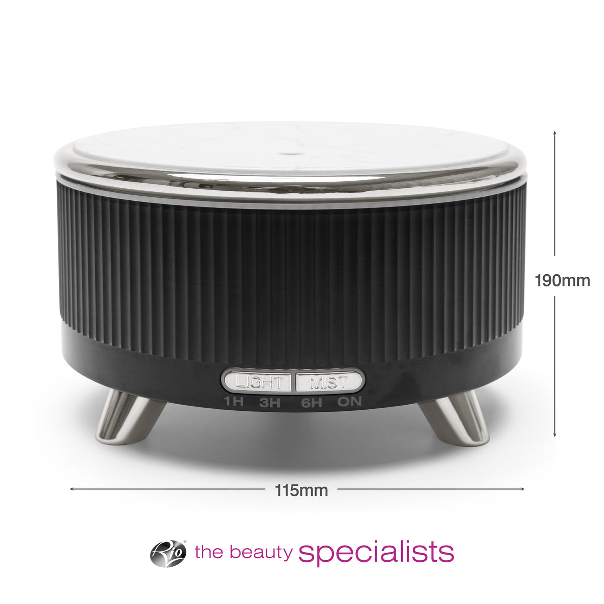 The Rio SONAS Aroma Diffuser, Humidifier & Night-Light is a round black and silver device (190mm tall, 115mm wide) with three buttons, short legs, and humidifying moisture. The beauty specialists logo and text are at the bottom.