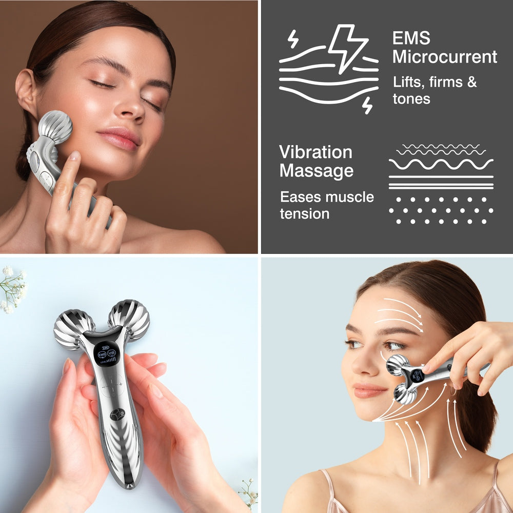 A collage featuring two women using the Rio Face & Body Massage Roller, a close-up of the device, and graphics highlighting EMS microcurrent for skin firming and lifting, plus vibration massage to ease muscle tension.