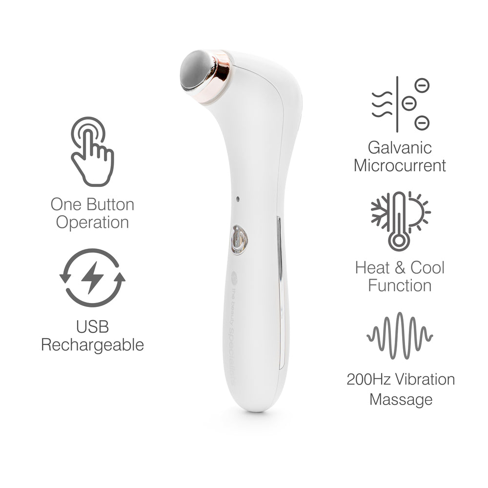 The Rio Eye Refreshing Massager in white is shown upright, featuring one-button control, USB recharge, galvanic microcurrent, heat and cool modes, and 200Hz vibration to help reduce dark circles and puffiness.
