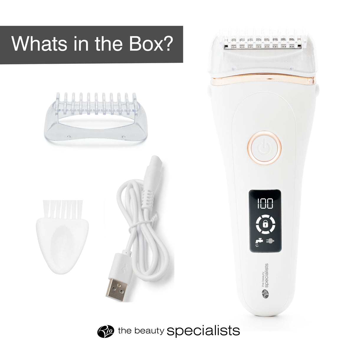 The Rio GO SMOOTH Wet and Dry Lady Shaver, featuring a digital display, comes with a USB charging cable, cleaning brush, and attachment comb. “What’s in the Box?” appears above “the beauty specialists” logo. Perfect for daily skincare.