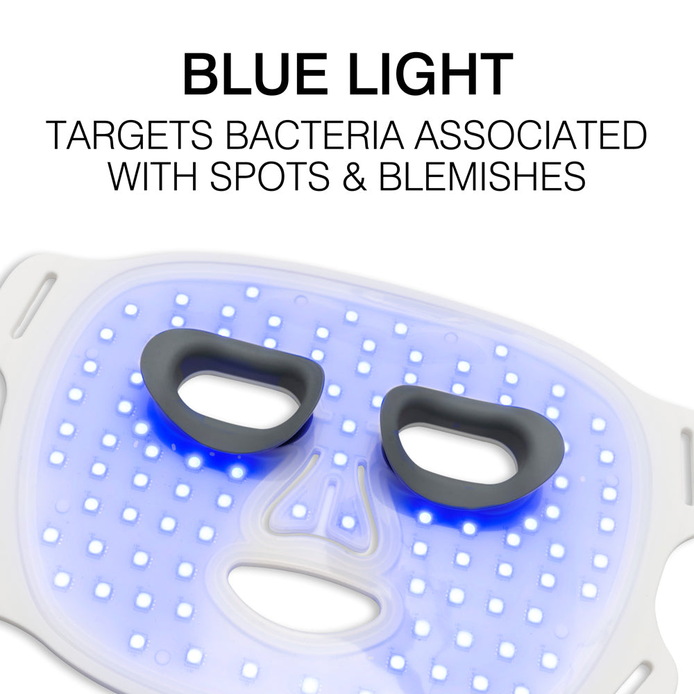 The Rio LED Face Mask by Rio emits blue light to target bacteria linked to spots and blemishes, promoting clearer, healthier skin.