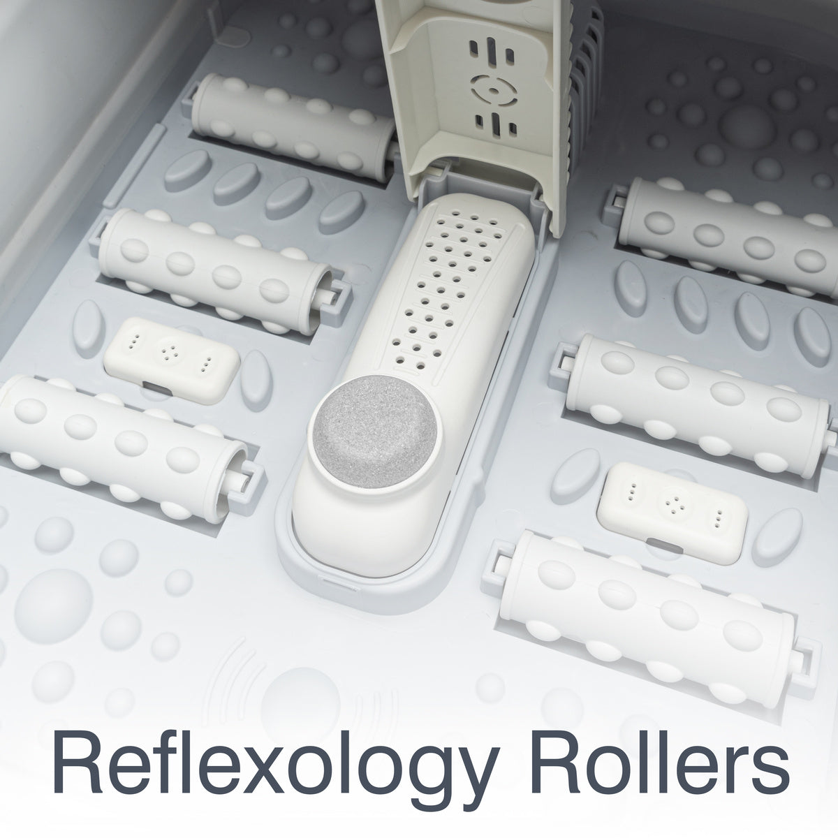 Close-up of the Rio Deluxe Foldaway Foot Spa Baths white basin with textured reflexology rollers featuring raised bumps for massage and a central pumice stone. “Reflexology Rollers” is displayed at the bottom.
