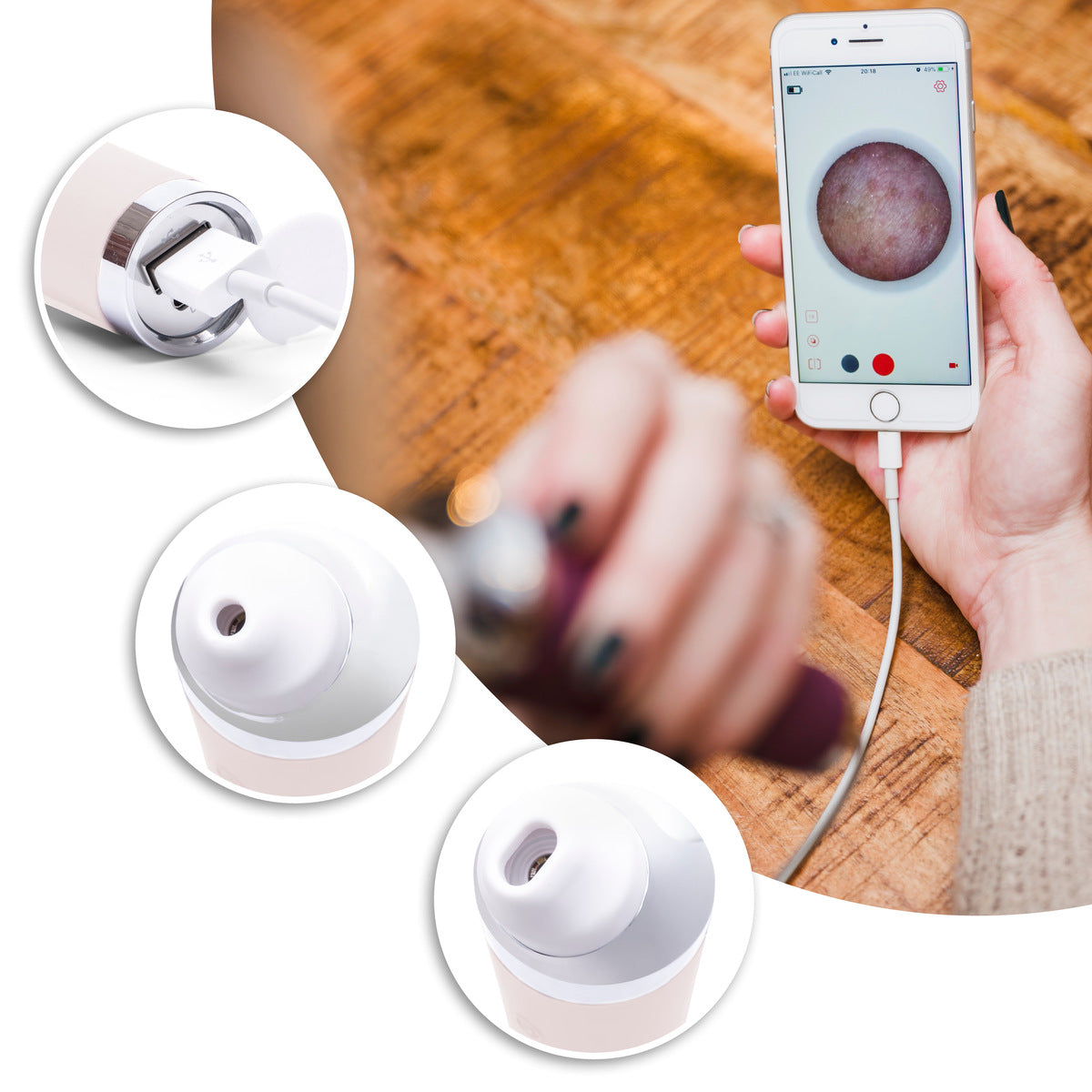 A person uses the Rio Pore Perfection handheld pore cleanser, viewing a magnified close-up of skin on a smartphone. Three circular insets display the devices tip from various angles, while the phone shows clear, beautiful skin.