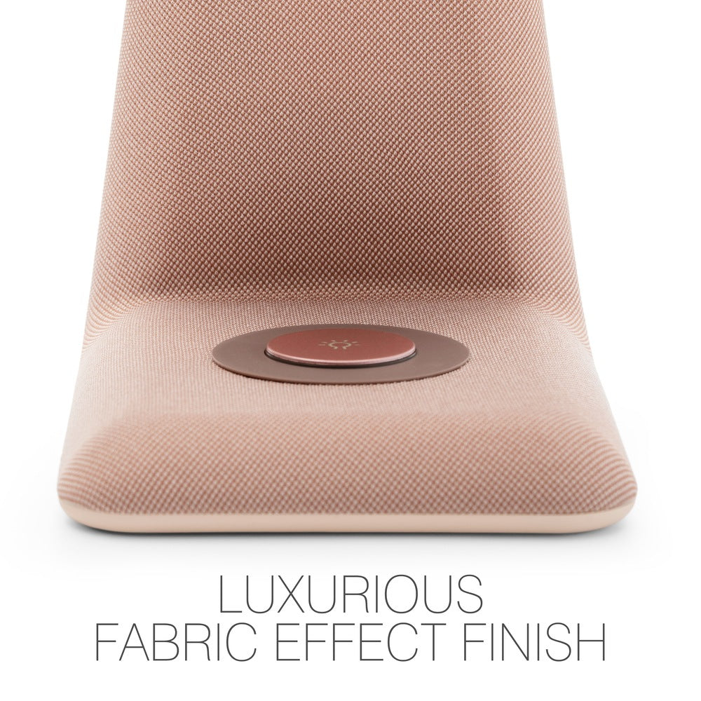 A close-up of the Rio TrueColour High Performance Makeup Mirror showcases its sleek, modern design with a luxurious fabric effect finish and a circular brown accent. The text below reads LUXURIOUS FABRIC EFFECT FINISH.