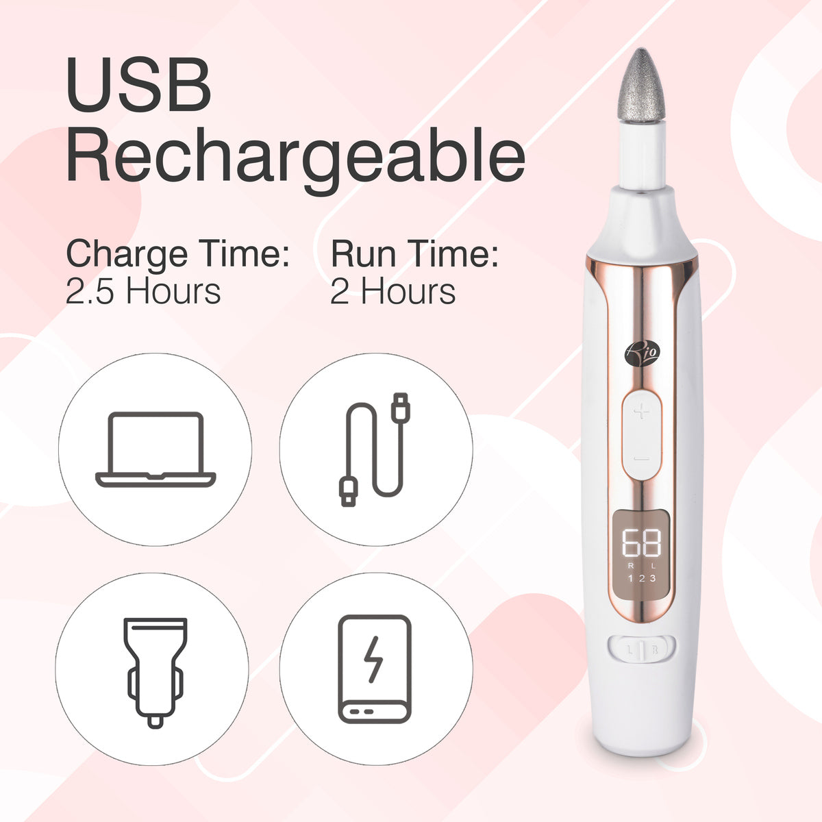 Image of the Rio Precision Pro Electric Nail File labeled USB Rechargeable for precise nail care. Text notes a 2.5-hour charge, 2-hour run time, and charging via laptop, USB cable, car charger, or power bank.