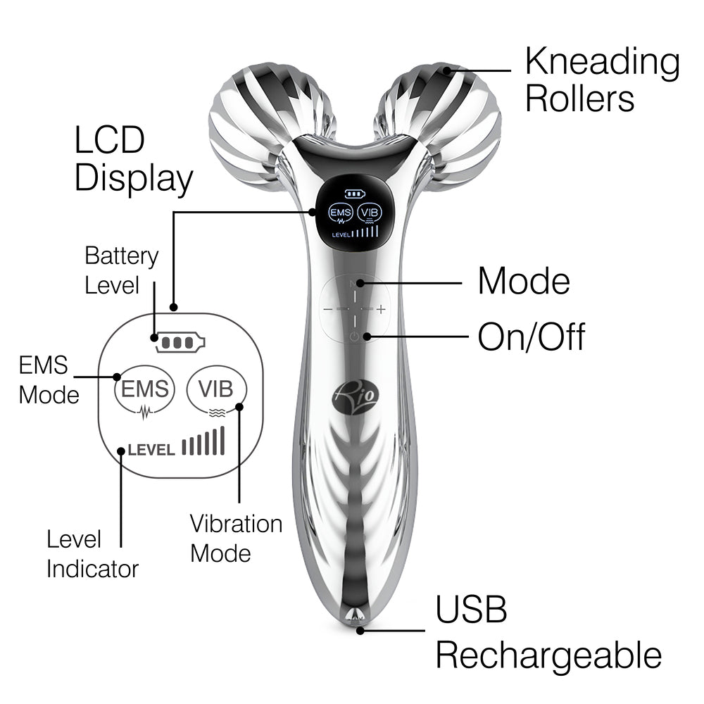 The Rio Face & Body Massage Roller is a silver handheld massager with dual knurled rollers, LCD display, mode and on/off buttons, and USB charging. Features include EMS and vibration modes for skin firming, as shown in the labeled diagram.