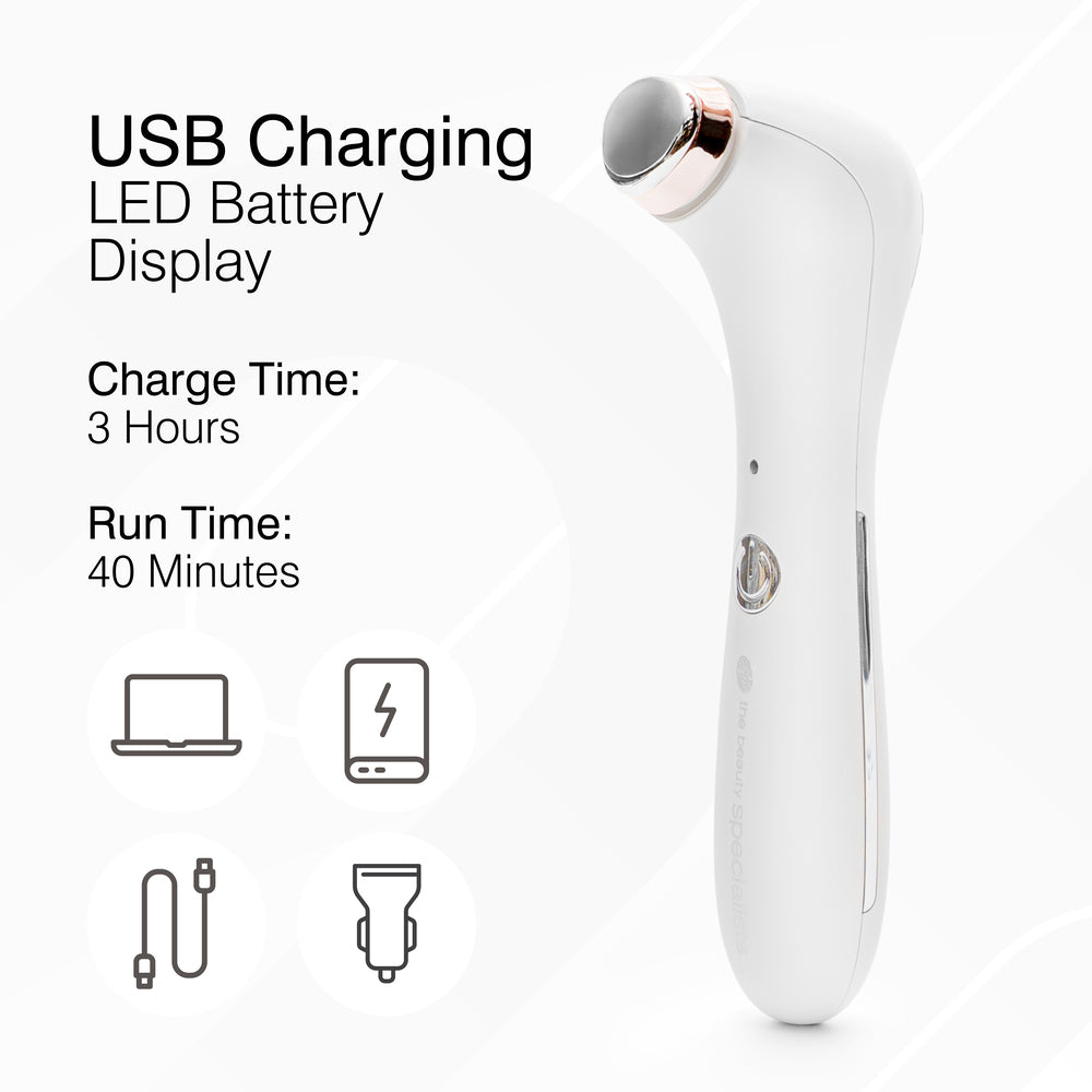 The white Rio Eye Refreshing Massager features a metal treatment head, USB charging, LED battery display, 3-hour charge time, and 40-minute run time—perfect for easing puffiness and dark circles, with multiple charging options.